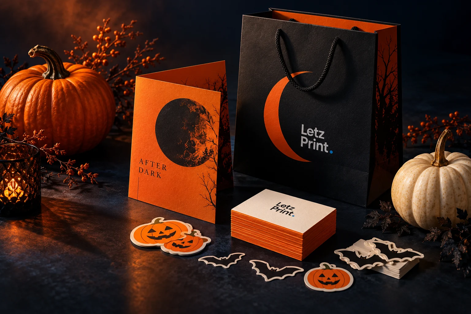 Halloween print inspiration: orange flyers, pumpkin and bat stickers, thick business cards and a black Letz Print paper bag
